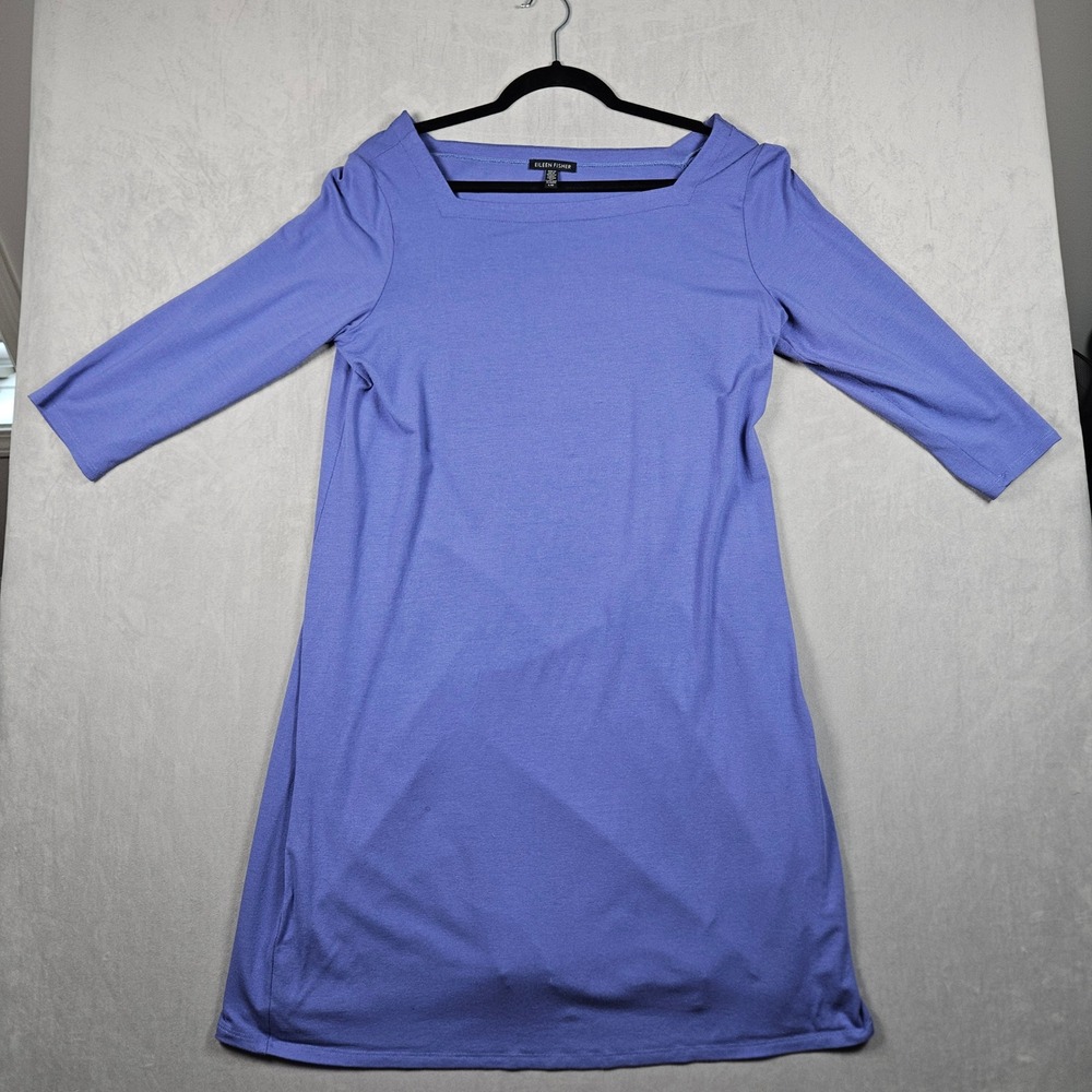 Eileen Fisher Shift Dress Womens Large Purple Square Neck 3/4 Sleeve Jersey